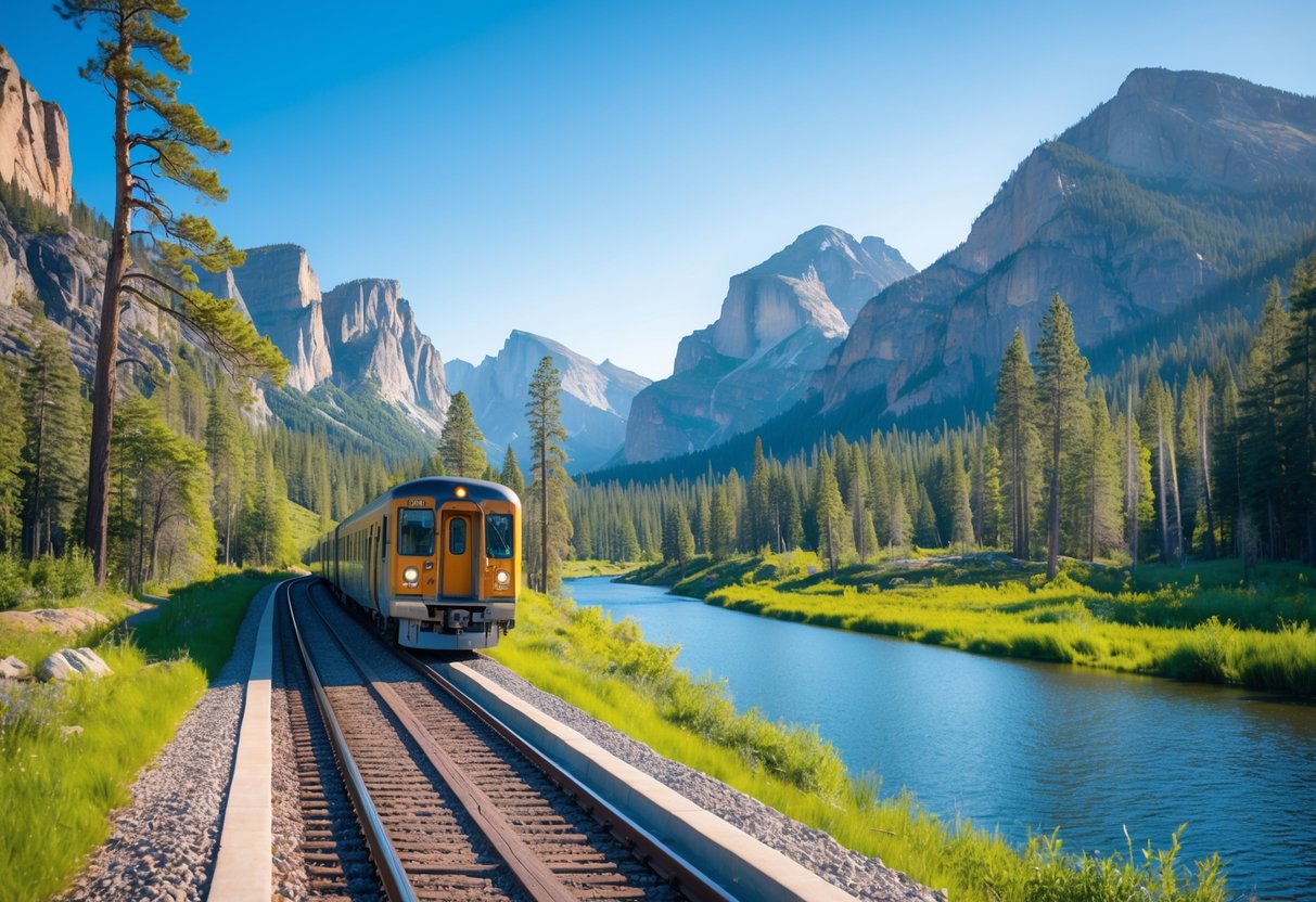 A passenger train traveling through a scenic national park with mountains, trees, and a lake nearby.