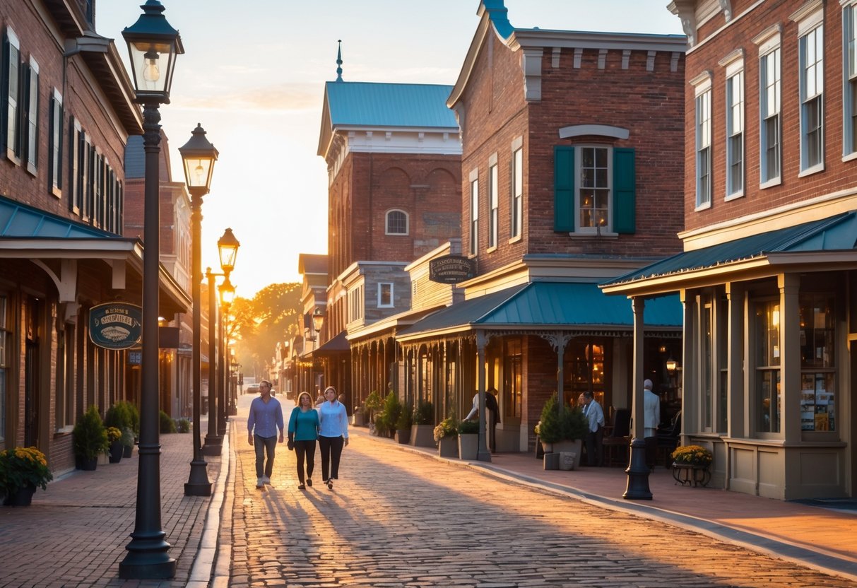 A historic American town street with 19th-century buildings, cobblestone sidewalks, vintage street lamps, and a steam train in the background.