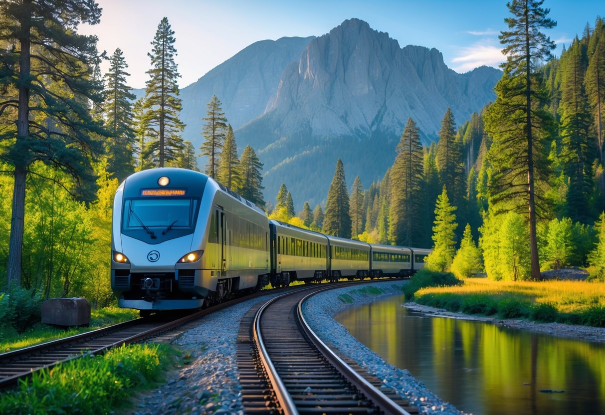 A passenger train traveling through a green forest with mountains and a lake in the background.