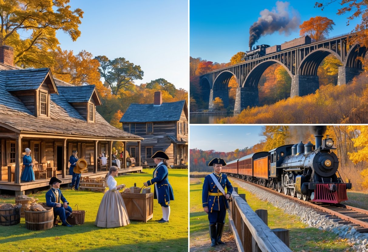 A collage of historical American scenes including a colonial village with people in period clothing, a Civil War battlefield with reenactors, and a steam locomotive crossing a bridge surrounded by autumn trees.