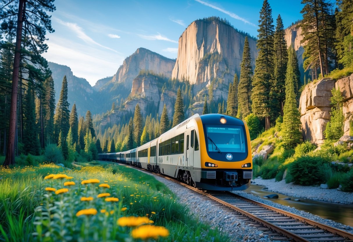 A passenger train traveling through a forested area with mountains and a river nearby, heading towards a national park.