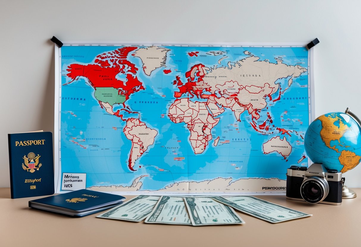 A world map with some countries highlighted in red surrounded by travel items including a passport, airplane tickets, a camera, and a globe.