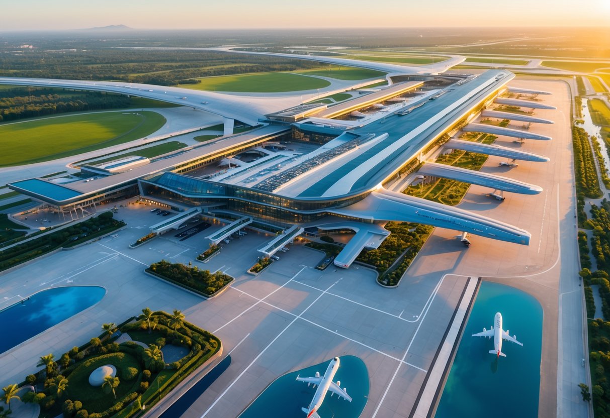 Aerial view of a modern airport with glass terminals, airplanes on runways, surrounded by greenery and water under a clear sky.