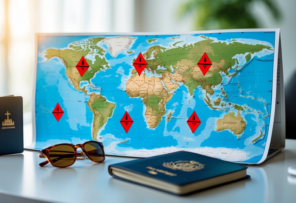 A world map on a desk with red warning symbols marking dangerous travel locations, surrounded by travel items like a passport and sunglasses.