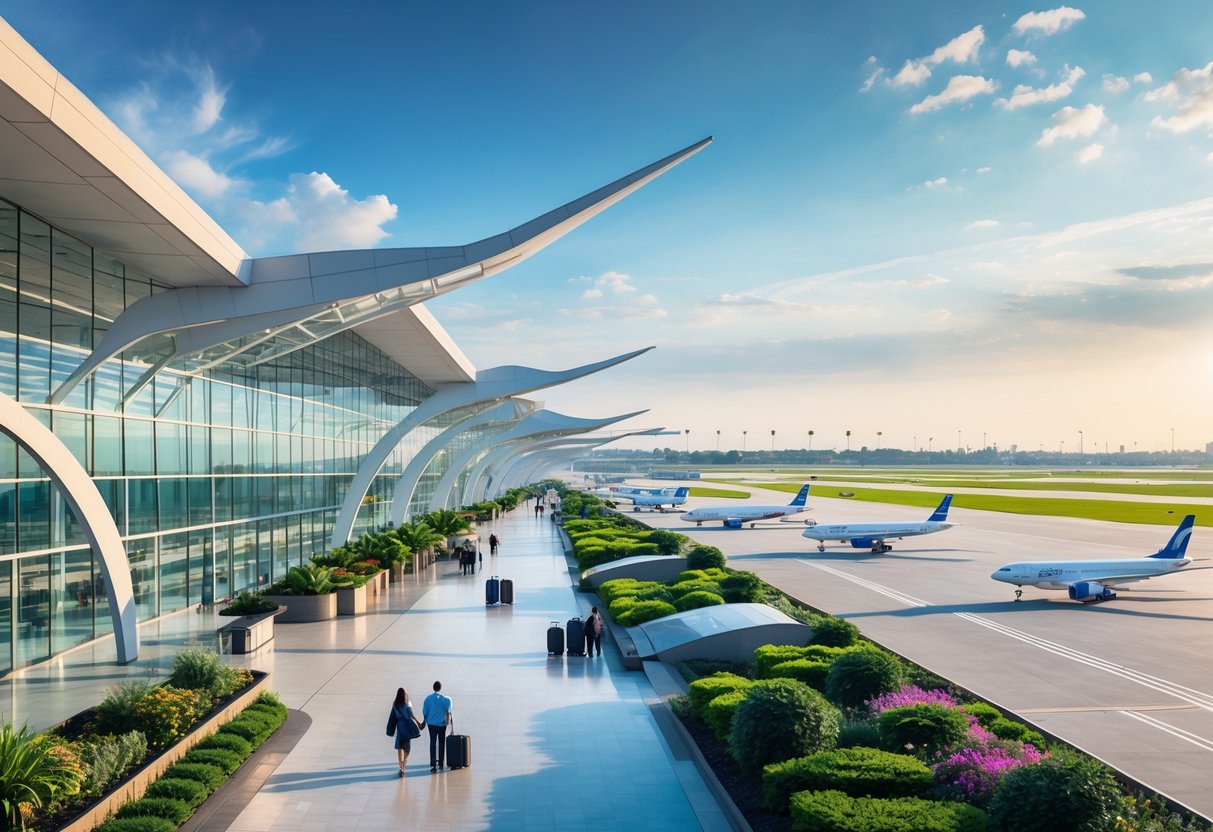 A modern airport terminal with large glass windows, sleek architecture, airplanes on the runway, and travelers walking inside.