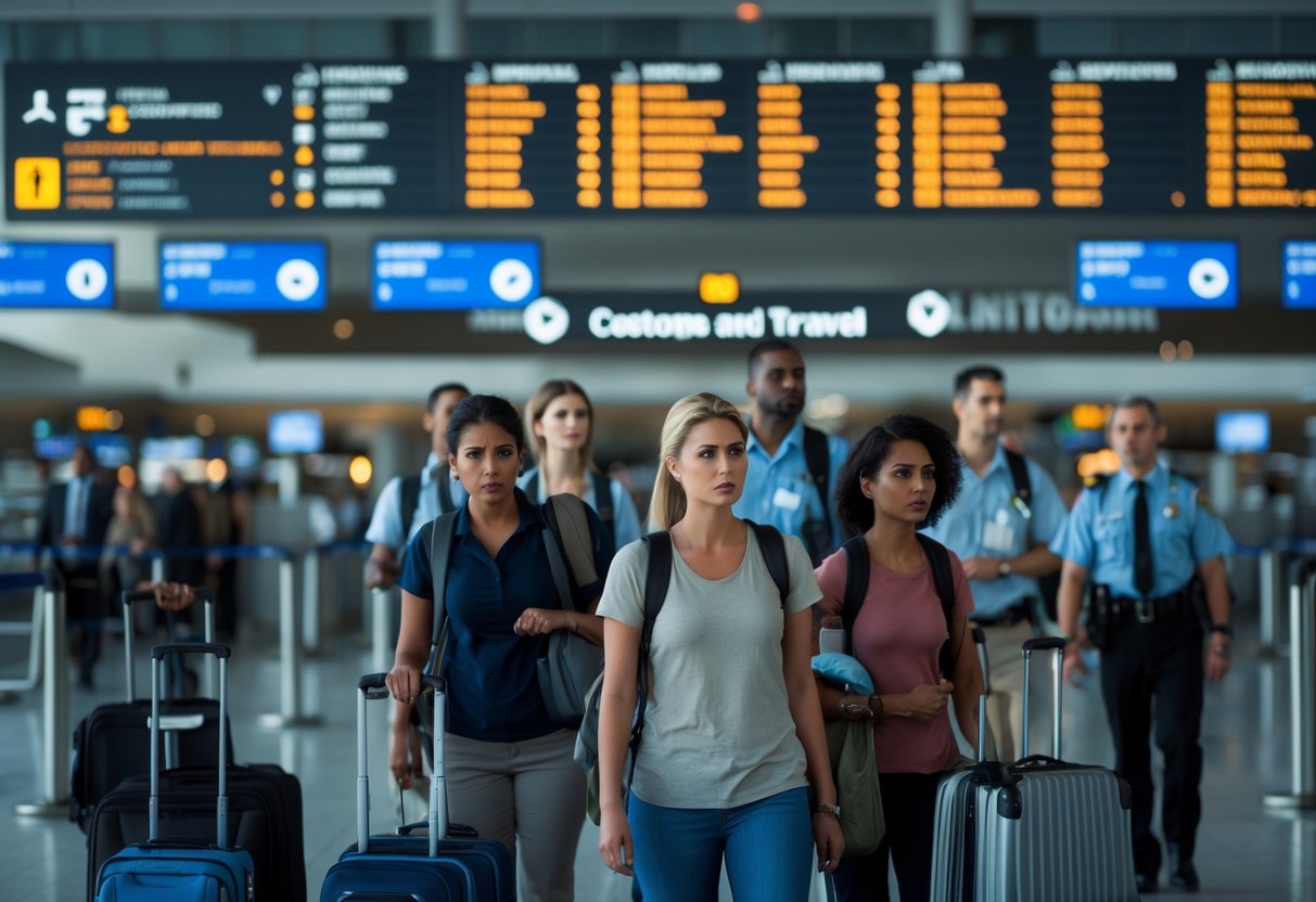 A group of travelers in an airport terminal looking alert, with security staff and travel signs in the background.
