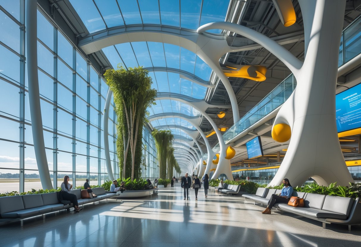 Interior of a modern airport terminal with large glass walls, indoor plants, travelers walking and sitting, and airplanes visible outside.