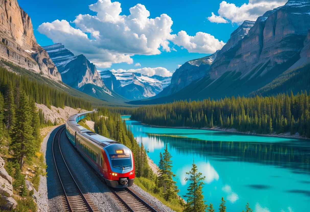 A passenger train traveling along tracks through mountains, forests, and a clear lake under a blue sky.