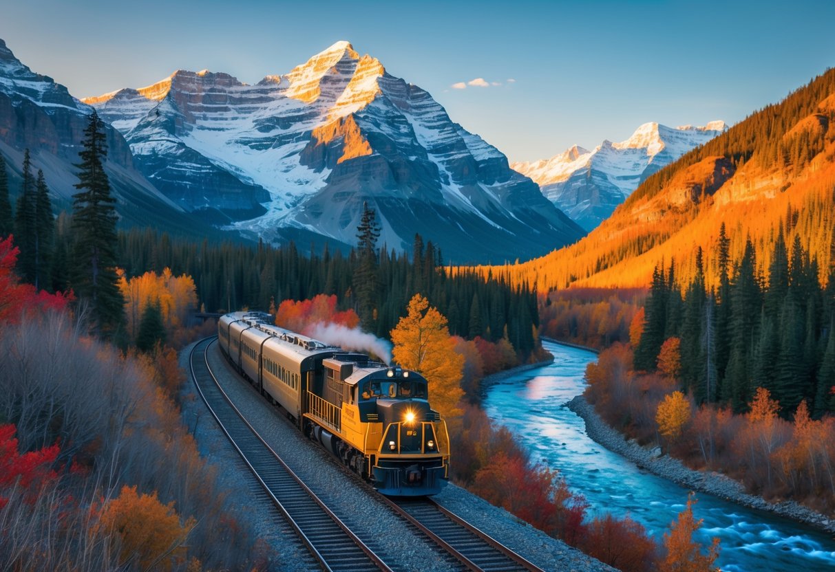 A train traveling through a mountainous landscape with evergreen trees and a river beside the tracks under a clear sky.