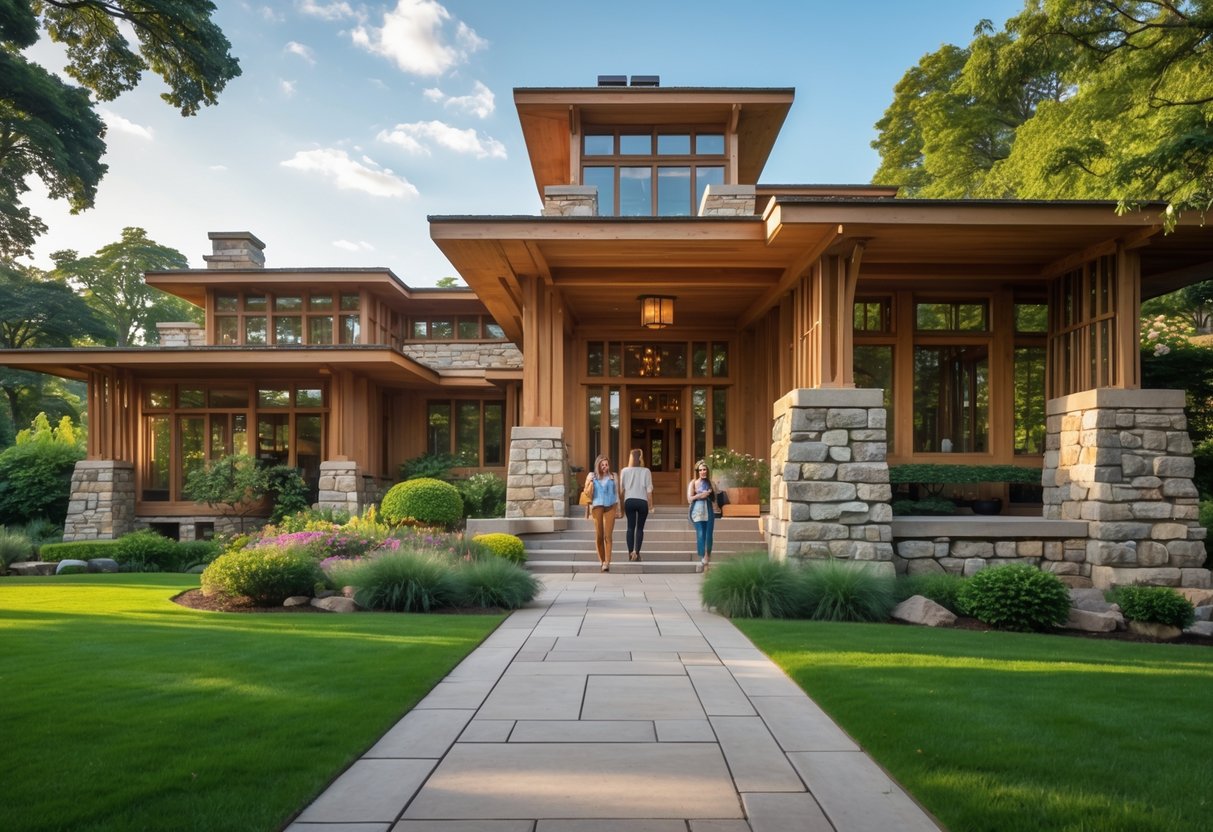 A well-maintained house with large windows and stone details surrounded by green plants and visitors walking on a stone path toward the entrance.