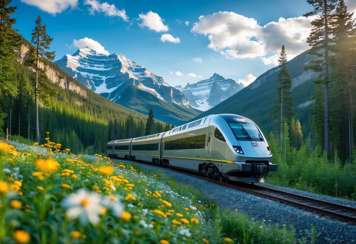 A passenger train traveling through green forests and snow-capped mountains under a blue sky in Canada.
