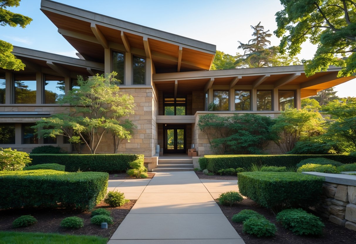Exterior view of a Frank Lloyd Wright house surrounded by greenery with a pathway leading to the entrance.