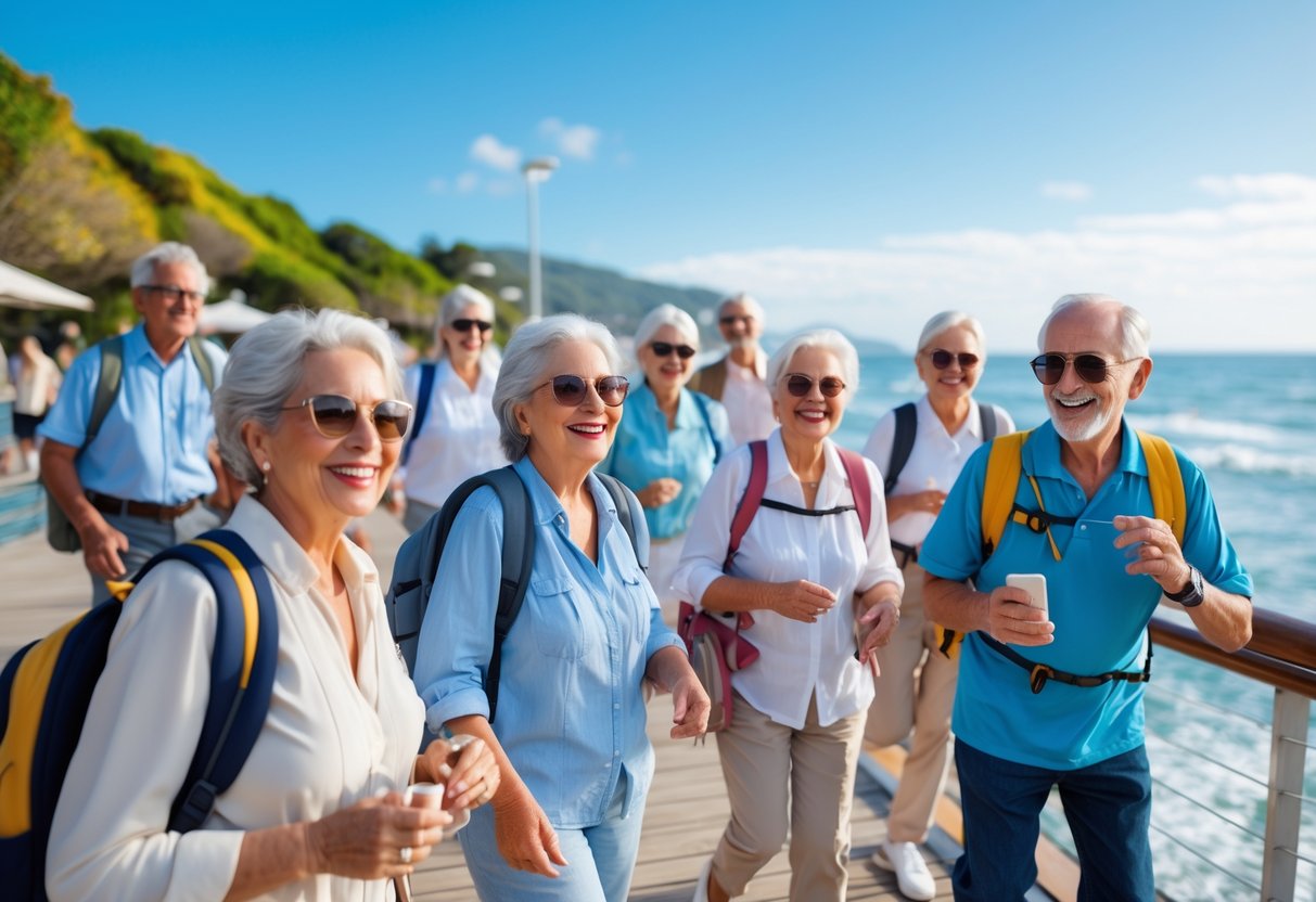 A group of smiling seniors walking and enjoying a sunny coastal boardwalk with blue skies and greenery.