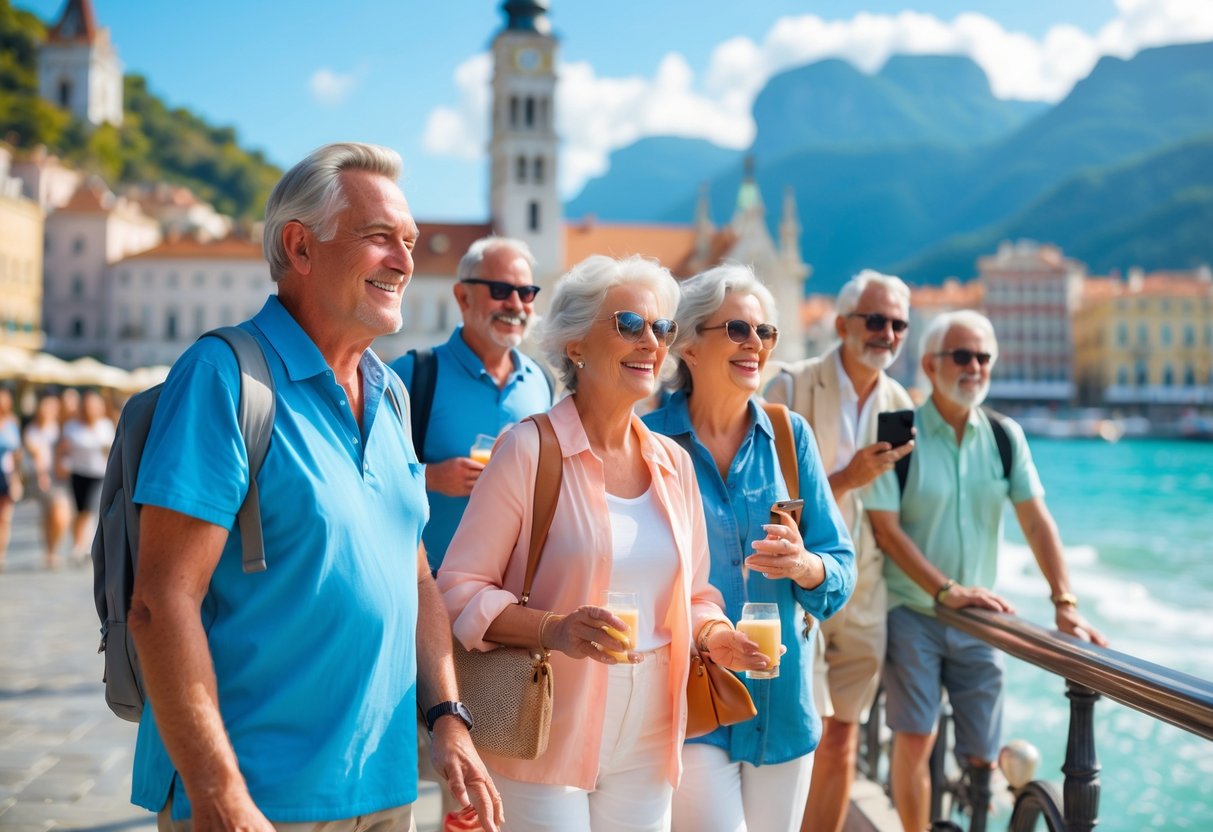 A group of happy older adults enjoying sightseeing and outdoor activities at a famous travel destination.