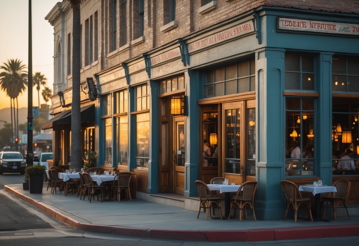Exterior of a historic restaurant in Los Angeles with outdoor seating and people dining on a sunny street with palm trees.