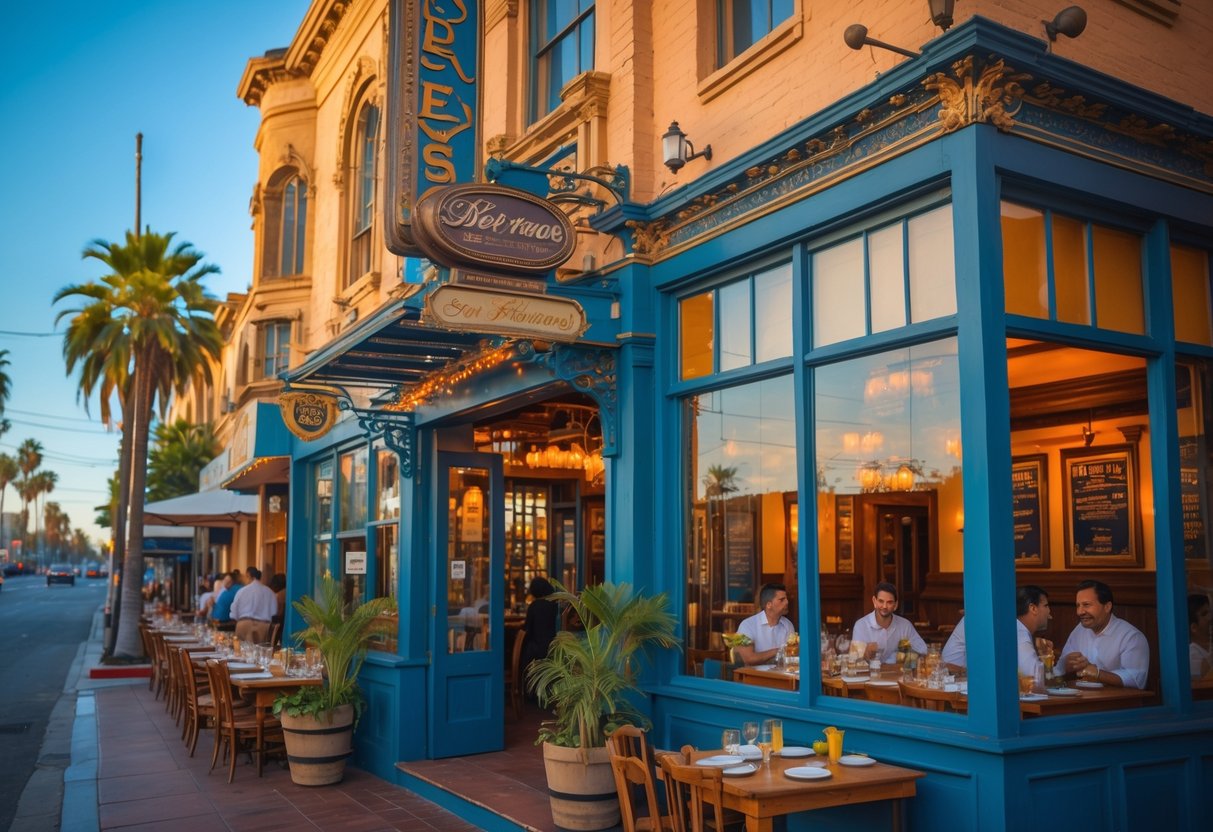 Exterior and interior view of a historic restaurant in Los Angeles with patrons dining inside and palm trees outside on a sunny day.