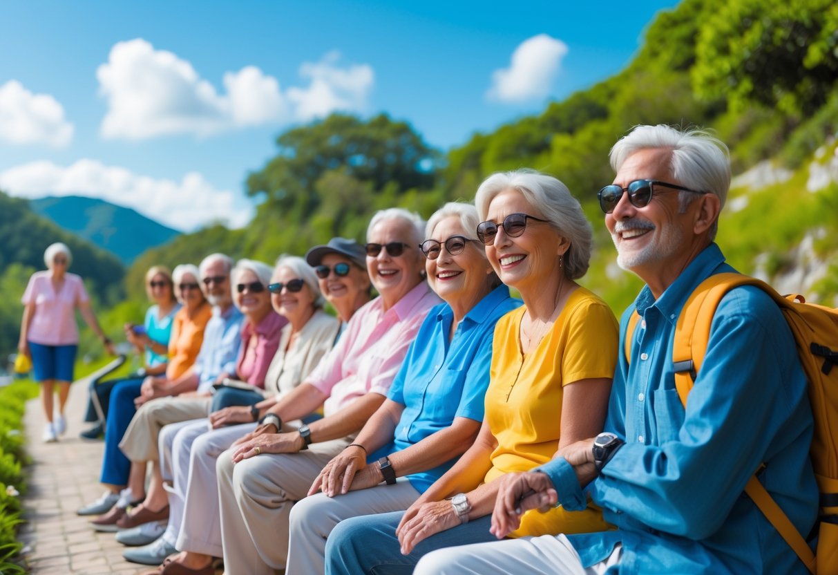A group of smiling seniors in their 60s enjoying a sunny outdoor trip together in a green park.