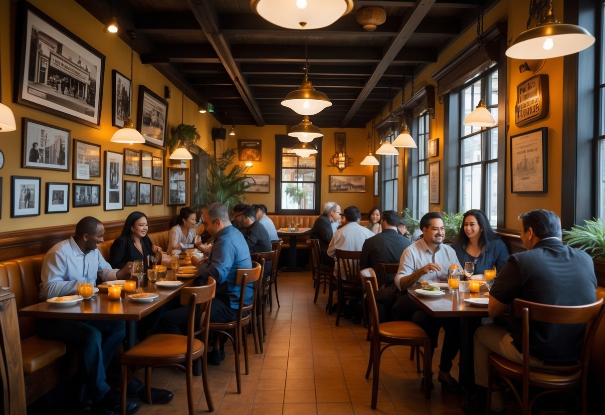 Interior of a historic Los Angeles restaurant with wooden tables, vintage decor, and people dining.