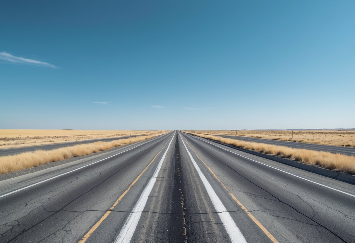 A long, empty highway stretching straight through flat, dry land with sparse vegetation under a clear blue sky.