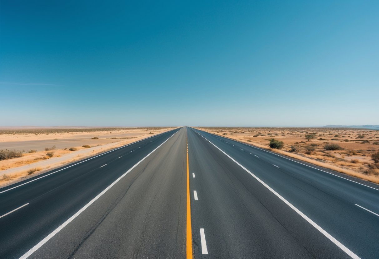 A long, empty highway stretching straight through a flat, barren landscape under a clear blue sky.