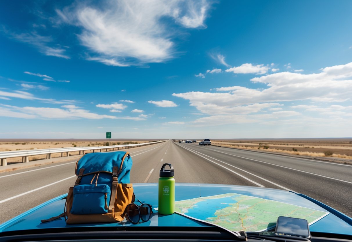 An empty long highway stretching through a flat landscape with a rest area and travel gear on a car hood.