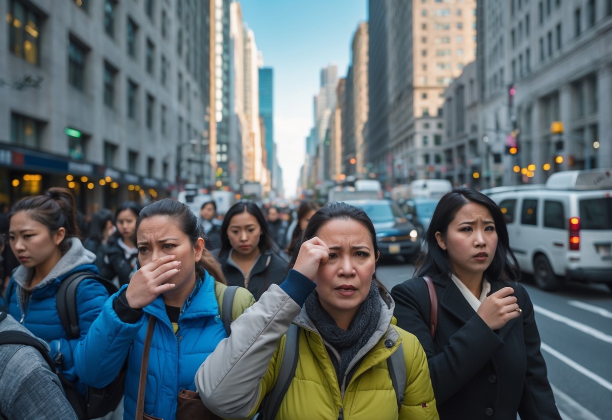 A busy city street with pedestrians and traffic showing signs of impatience and frustration.
