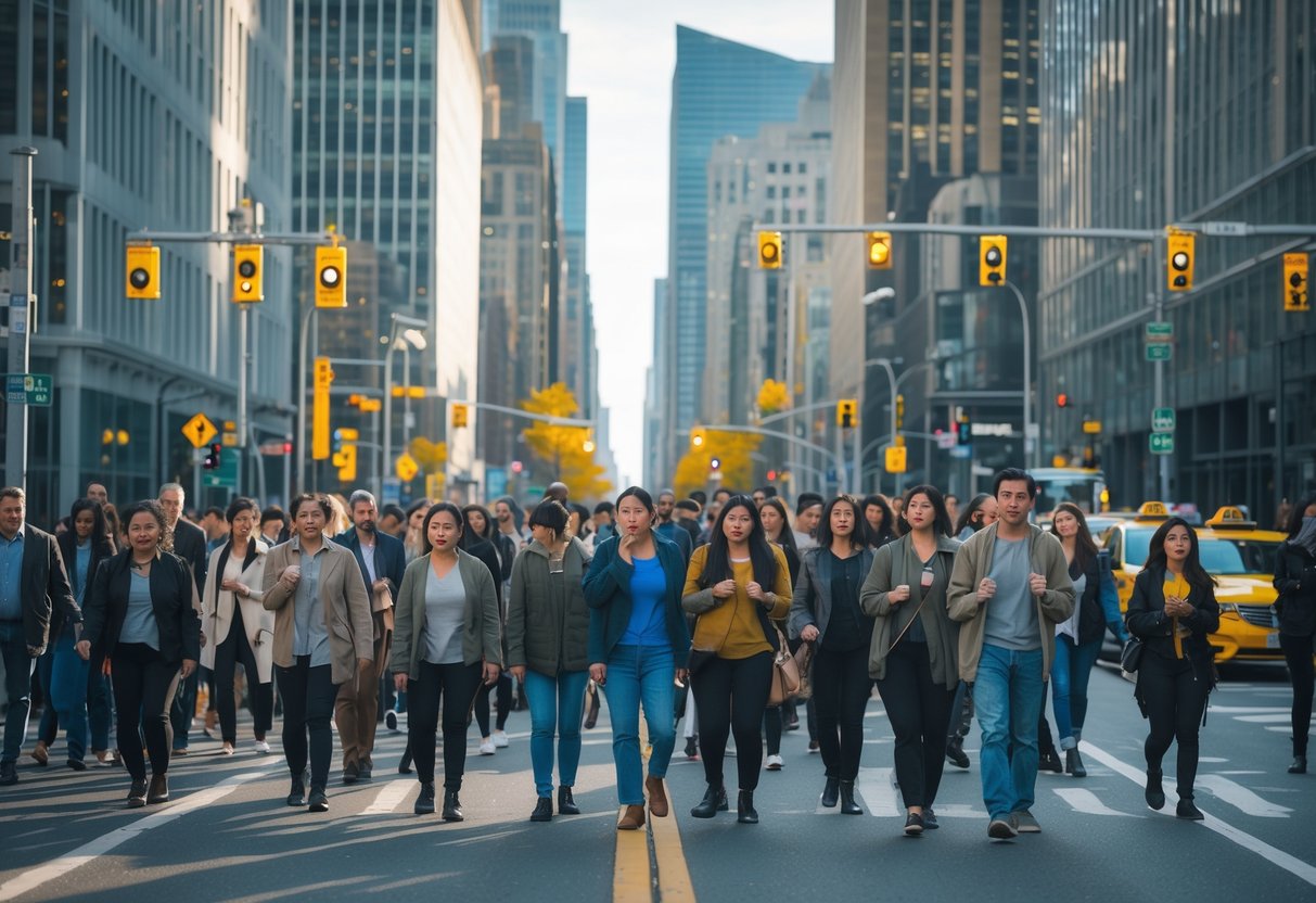 Busy city street with people walking quickly on crowded sidewalks among tall buildings and traffic.