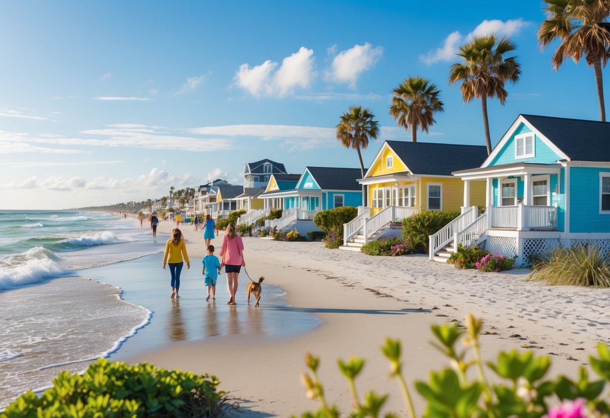 A sunny beach town with colorful houses, palm trees, people walking and playing near the sandy shore and calm ocean waves.