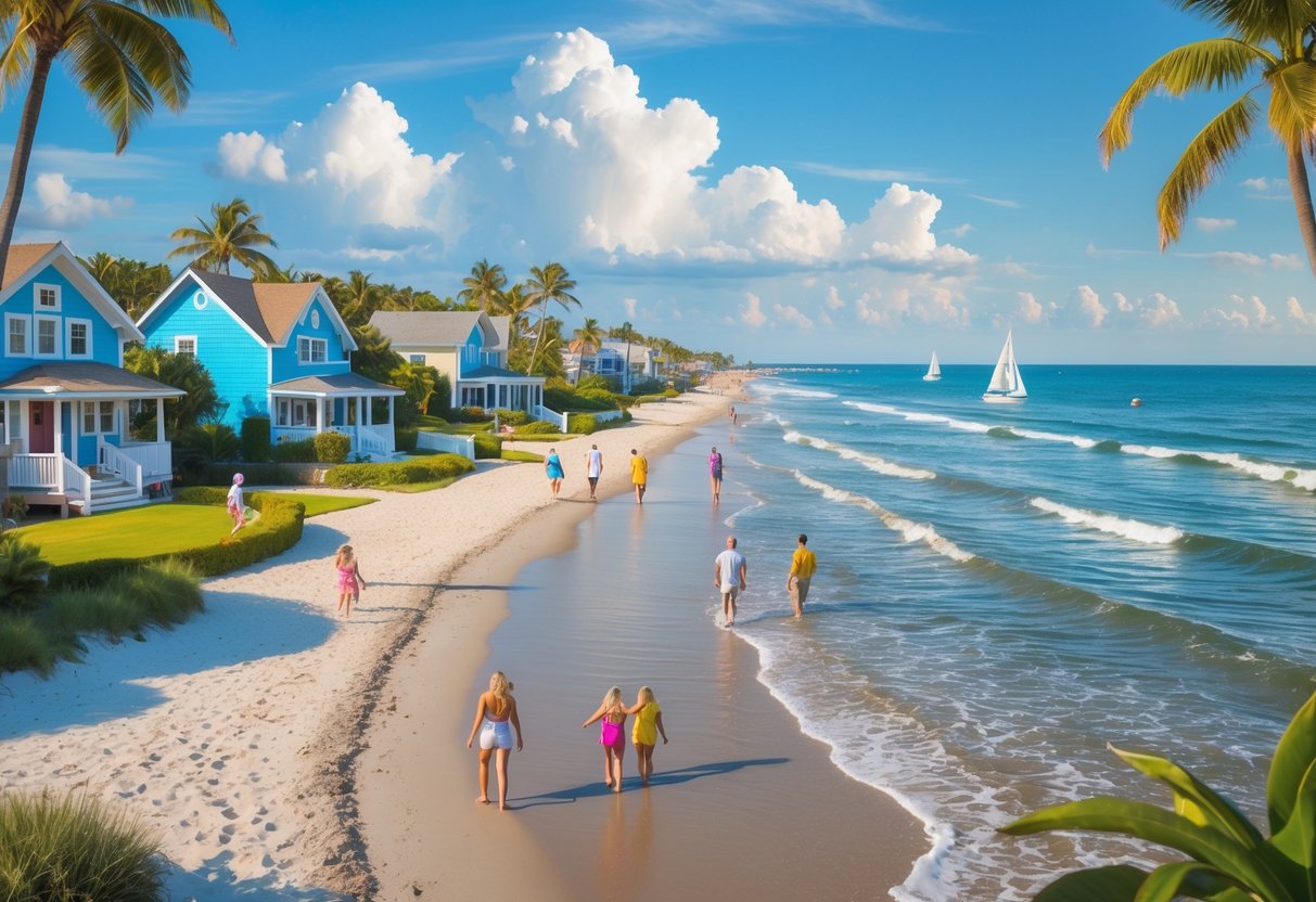 A sunny beach town with colorful cottages near a sandy shore where people enjoy the beach and sailboats are on the calm sea.