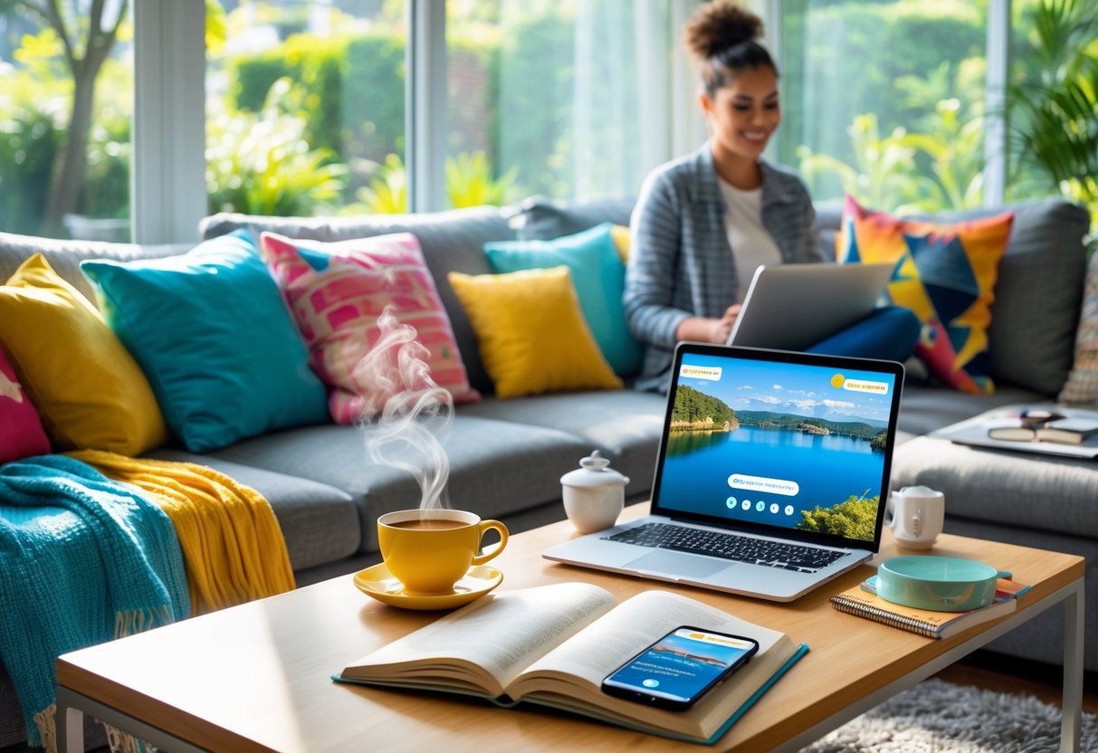 A person planning a staycation in a bright living room with a sofa, coffee table, laptop, and a peaceful garden visible through large windows.