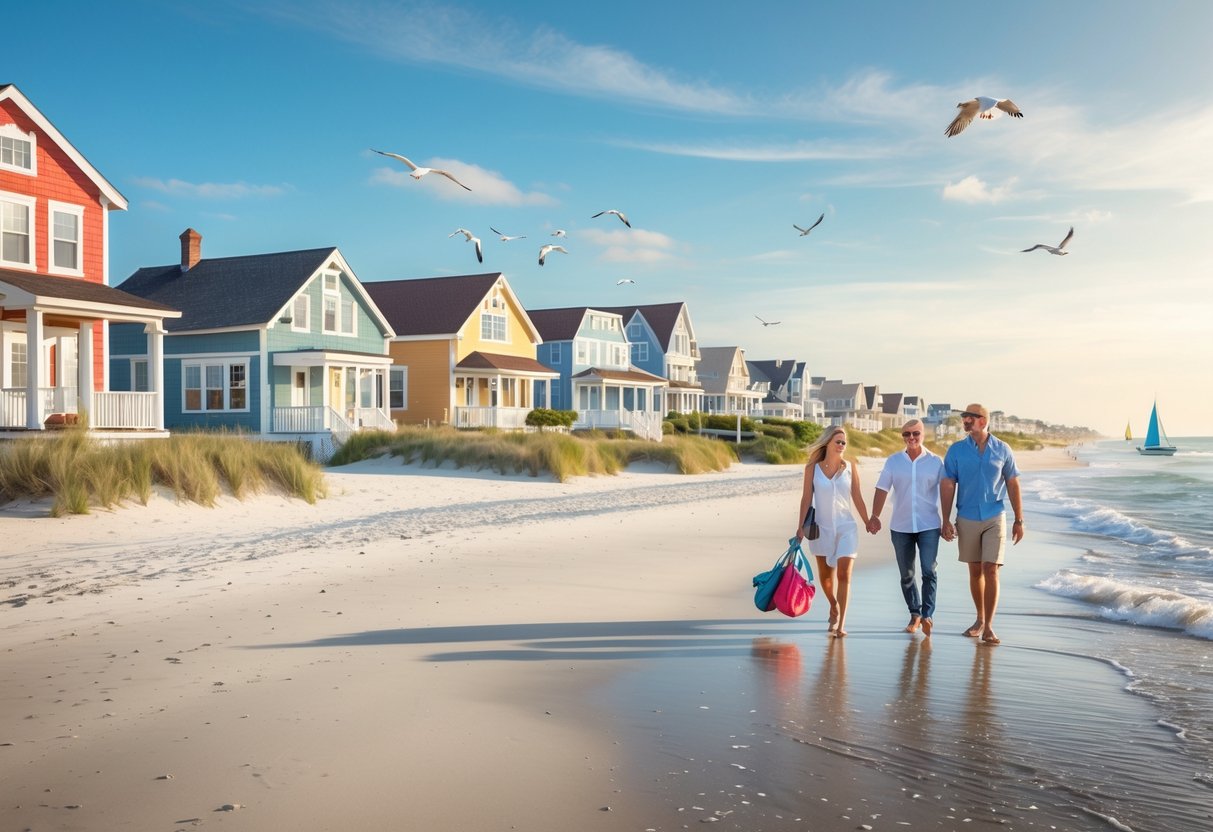 A sunny beach town with colorful small houses, a sandy shore, calm water with sailboats, and people walking along a boardwalk.