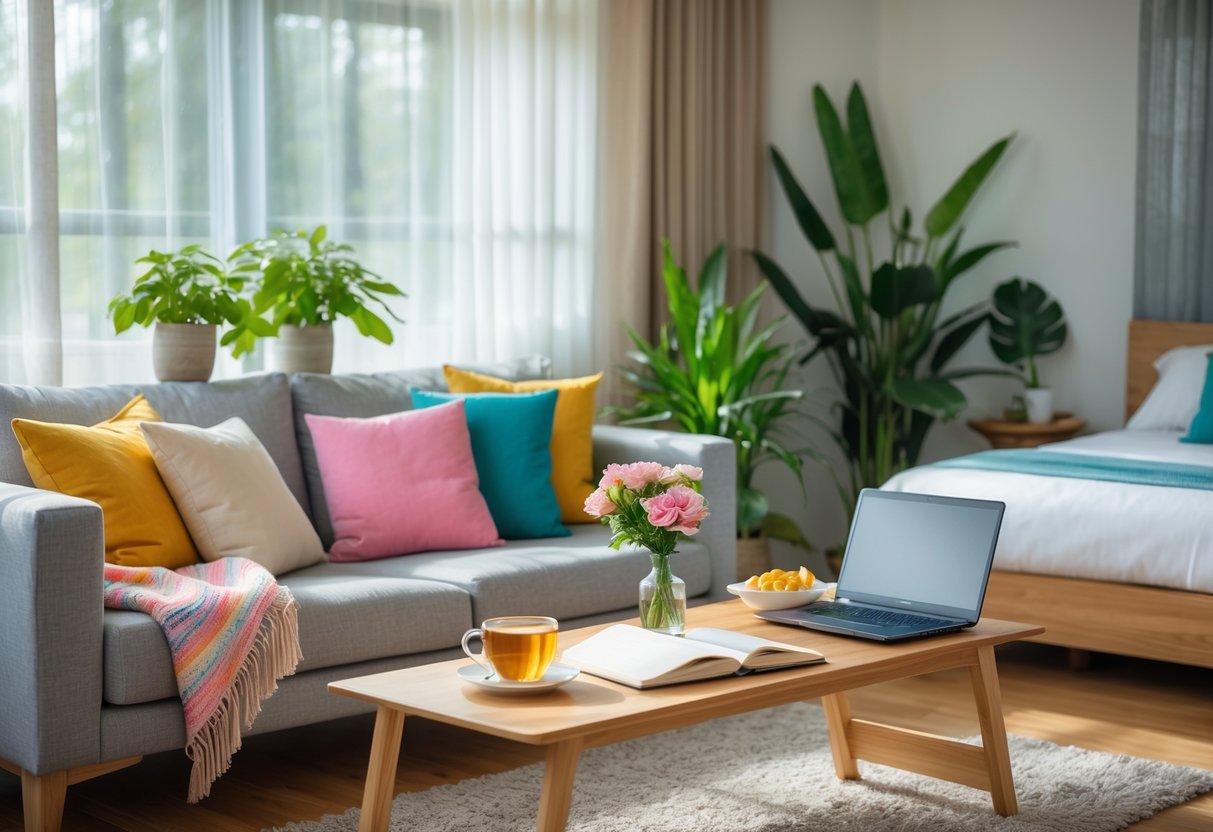 A cozy living room with a sofa, coffee table, indoor plants, and a bed with breakfast tray, suggesting a relaxing staycation setup.