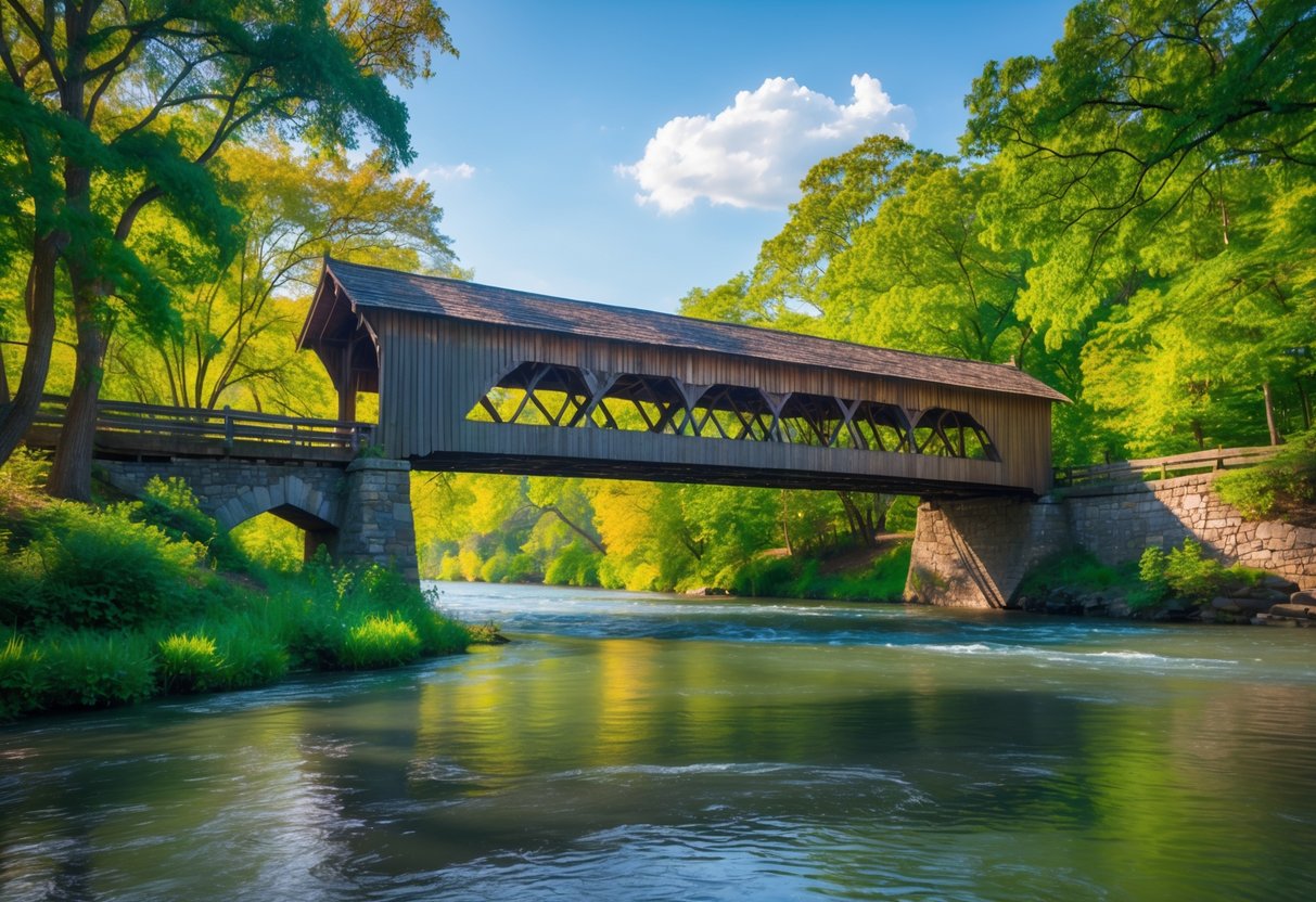 A wooden covered bridge over a calm river surrounded by green trees and clear sky.