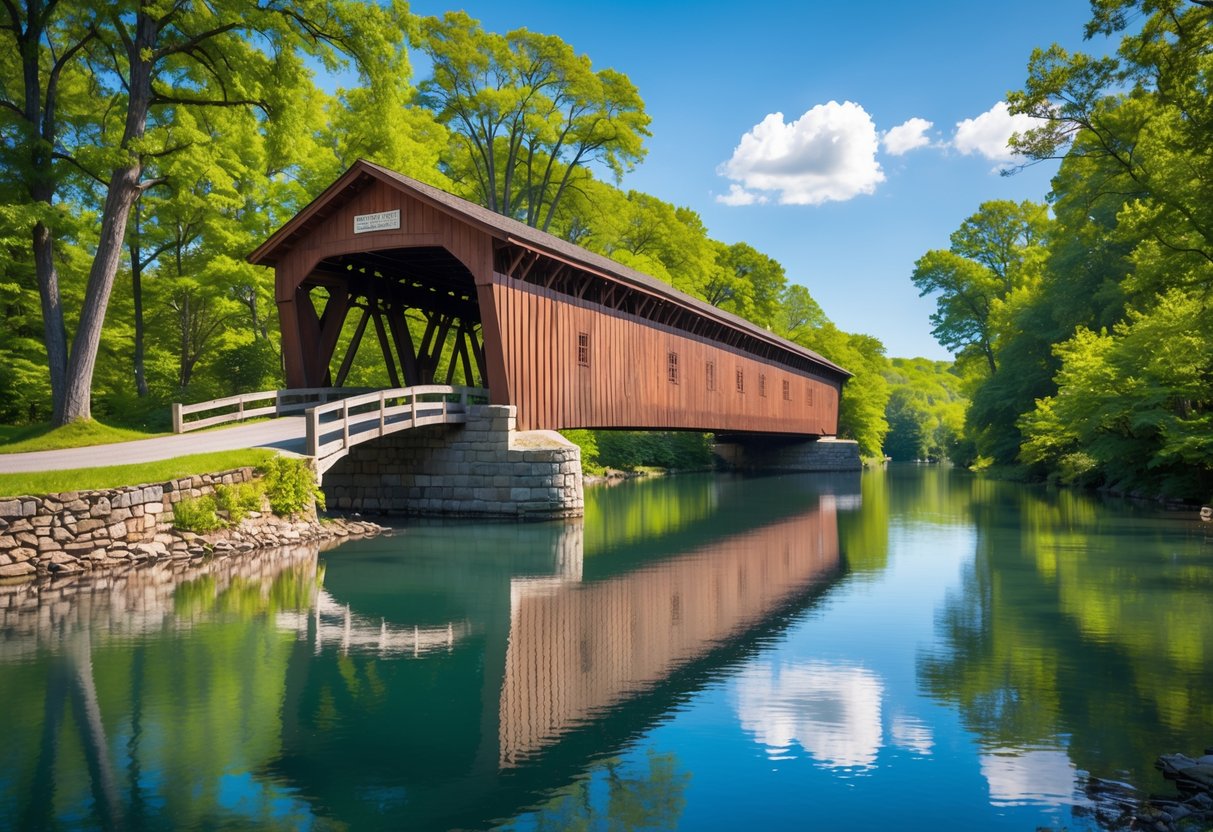 A wooden covered bridge over a calm river surrounded by green trees and blue sky.