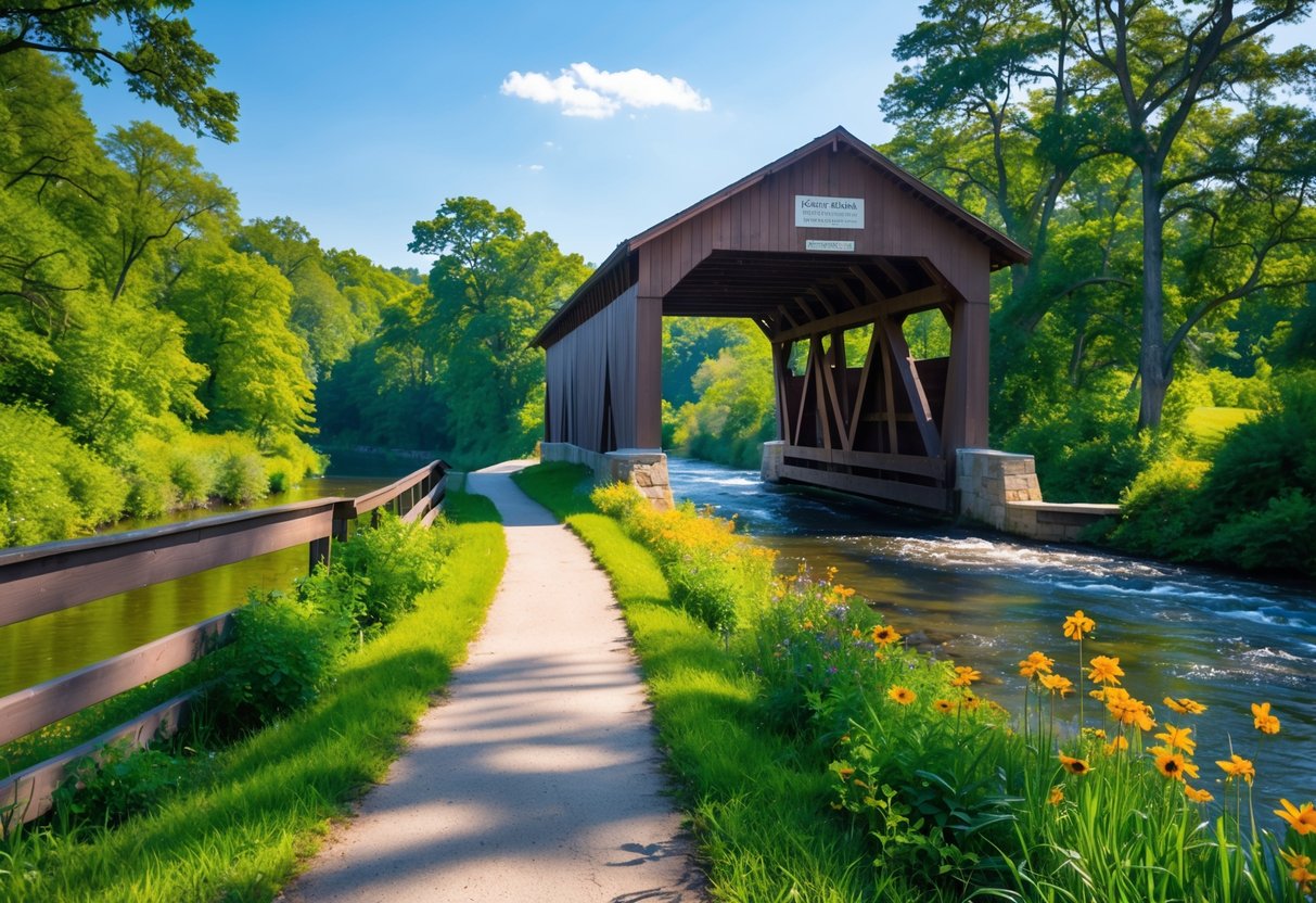 A wooden covered bridge over a river surrounded by trees and wildflowers on a sunny day.