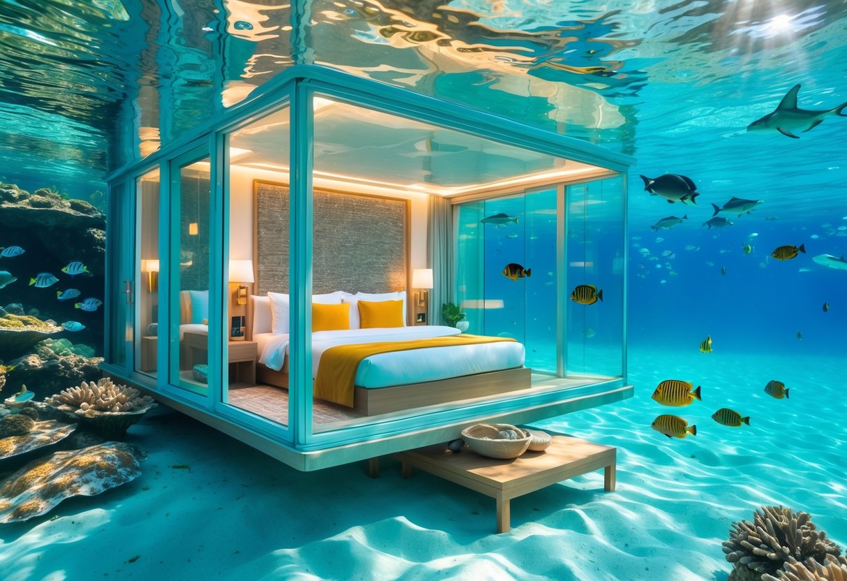 Underwater hotel with glass walls showing elegant rooms surrounded by colorful coral reefs and tropical fish swimming in clear blue ocean water.