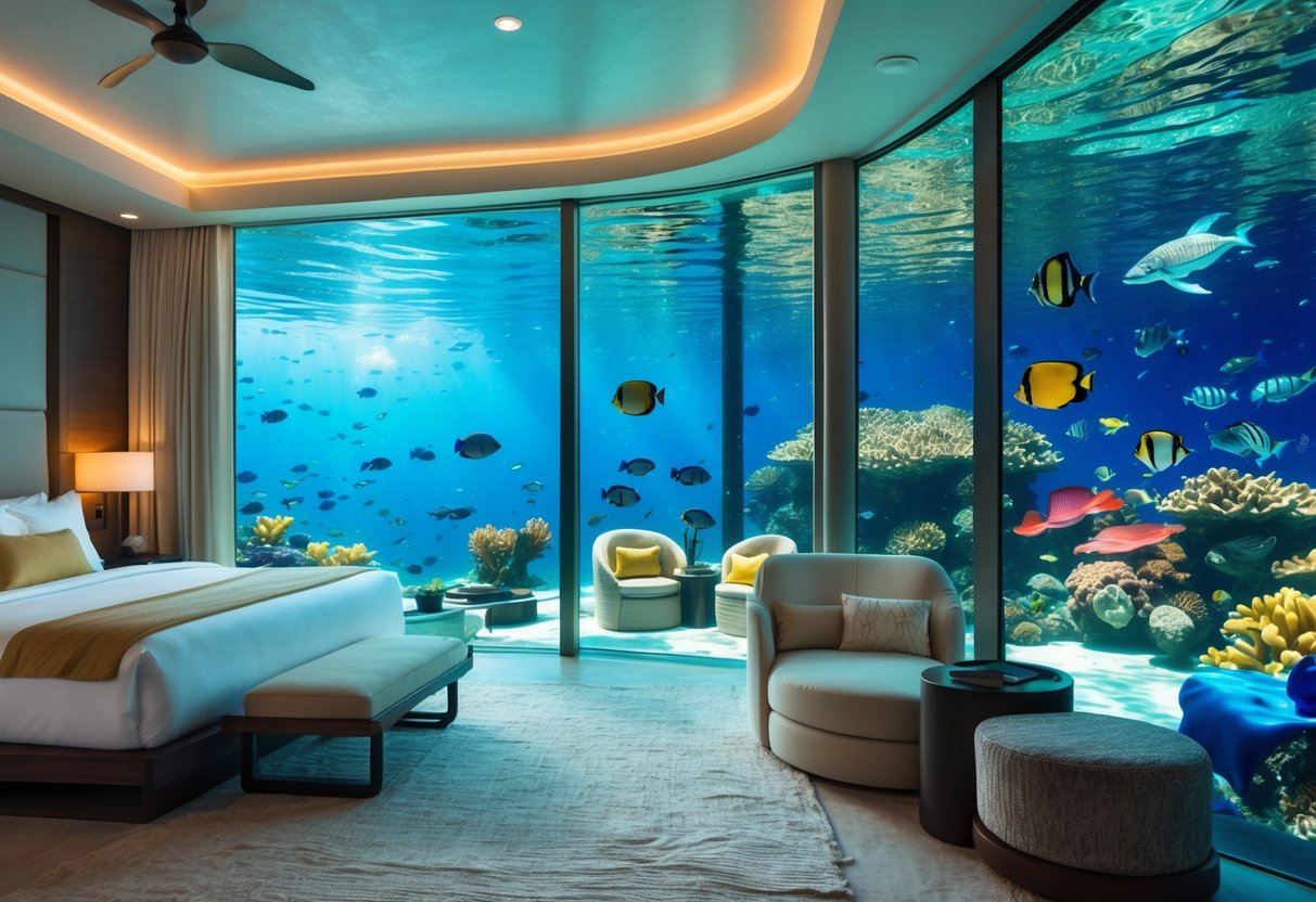 A luxurious underwater hotel room with large windows showing colorful coral reefs and marine life swimming outside.