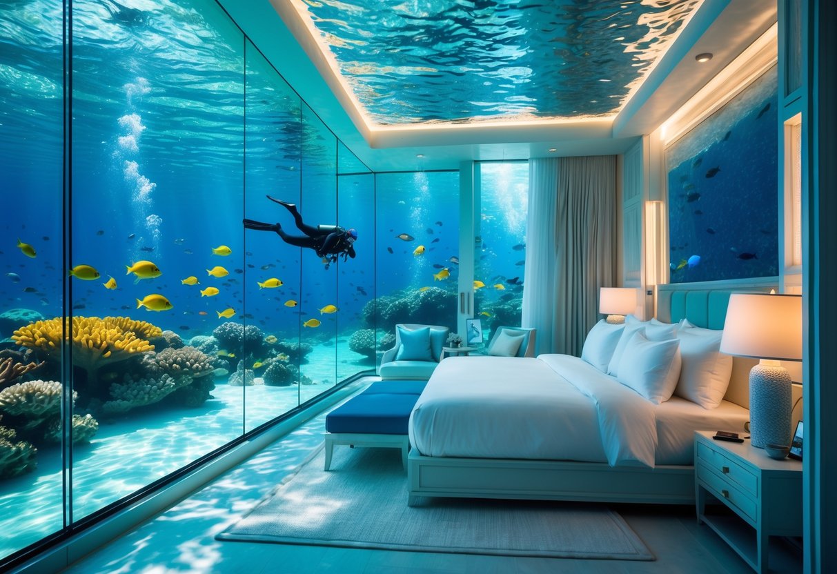 A luxurious underwater hotel room with glass walls showing colorful coral reefs and tropical fish outside.