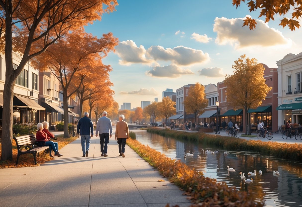 A peaceful city park with elderly people walking and sitting on benches near trees and a pond, surrounded by small buildings under a clear sky.