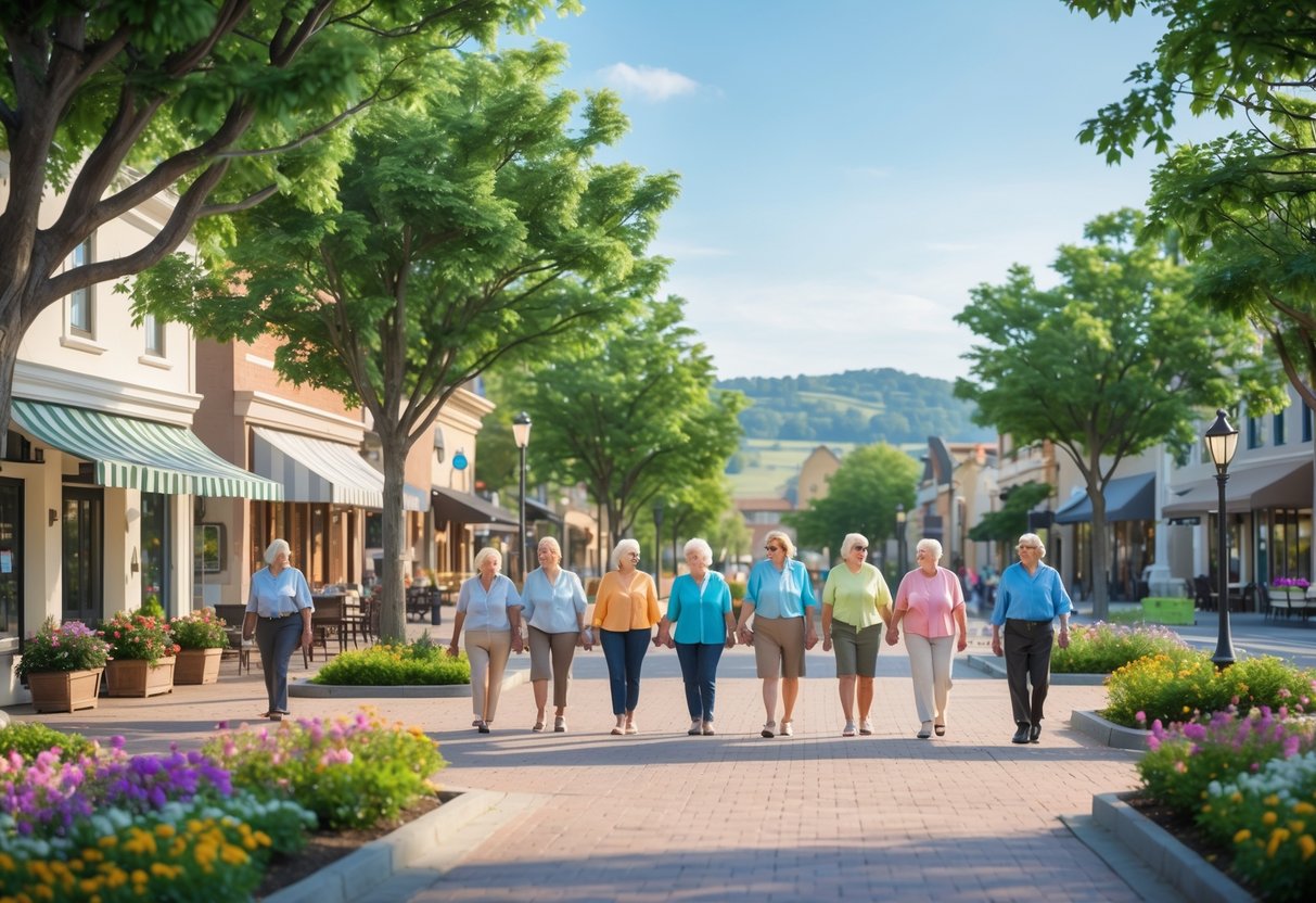 A peaceful small city street with older adults walking and relaxing near shops, trees, and a park under a clear sky.