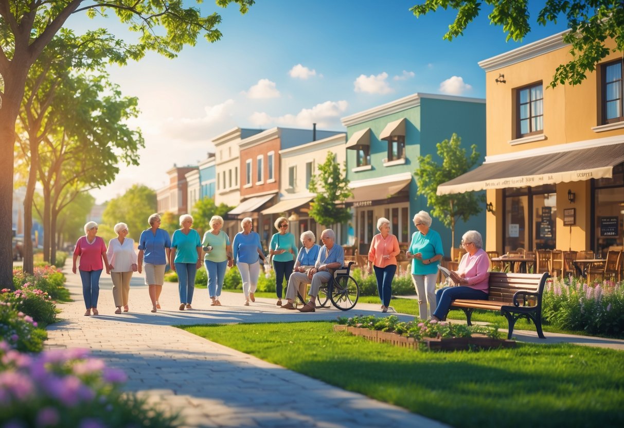 Older adults enjoying a sunny day in a small city park with trees, benches, flowers, and nearby low-rise buildings.