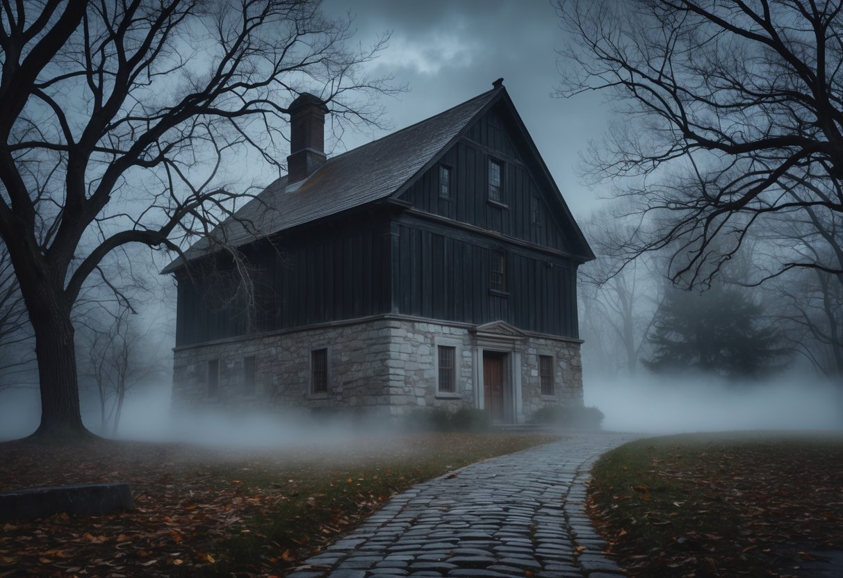 Historic colonial building surrounded by leafless trees and fog on a cloudy day, with a cobblestone path leading to the entrance.