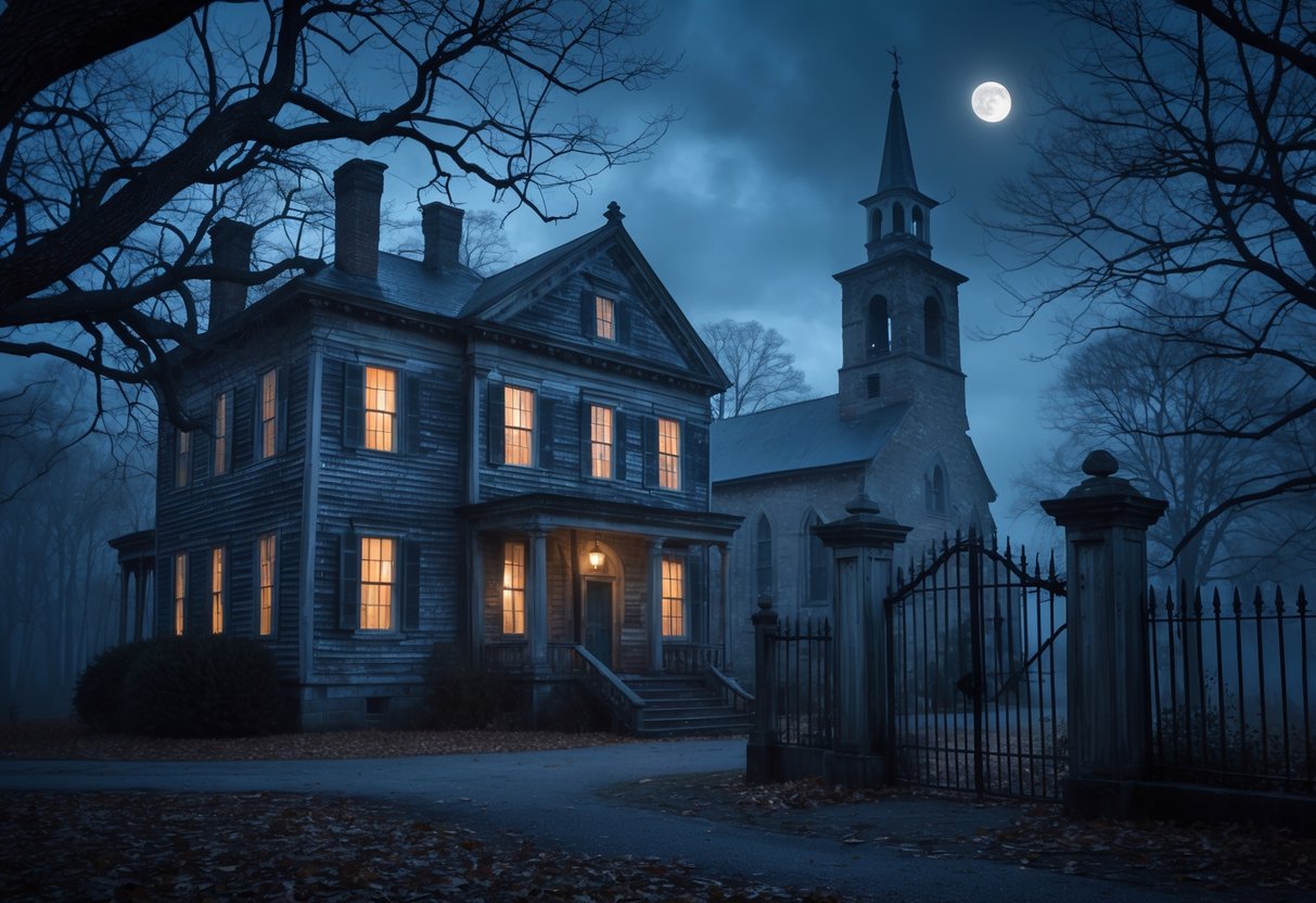 An old colonial mansion and a stone church surrounded by leafless trees and fog under a cloudy night sky.