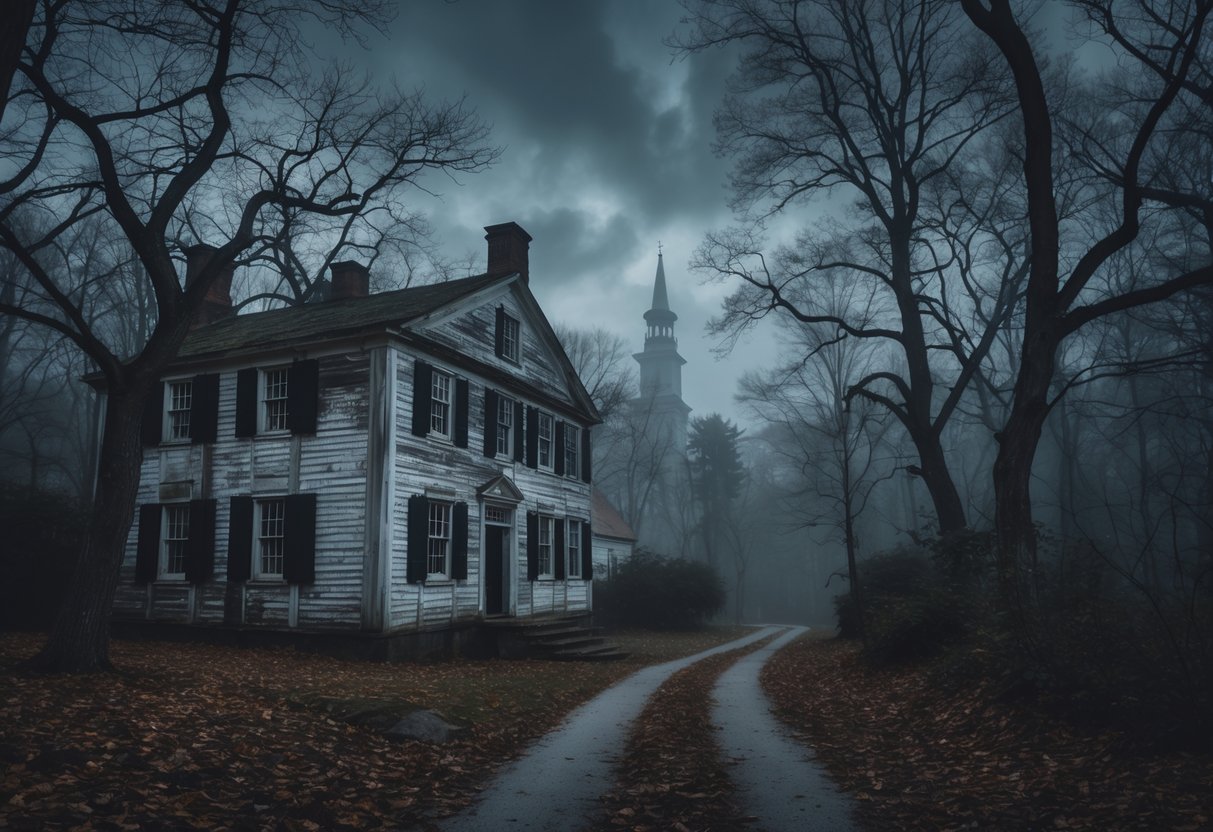 An old colonial building surrounded by foggy woods and bare trees under a cloudy sky, with a narrow path leading to it.