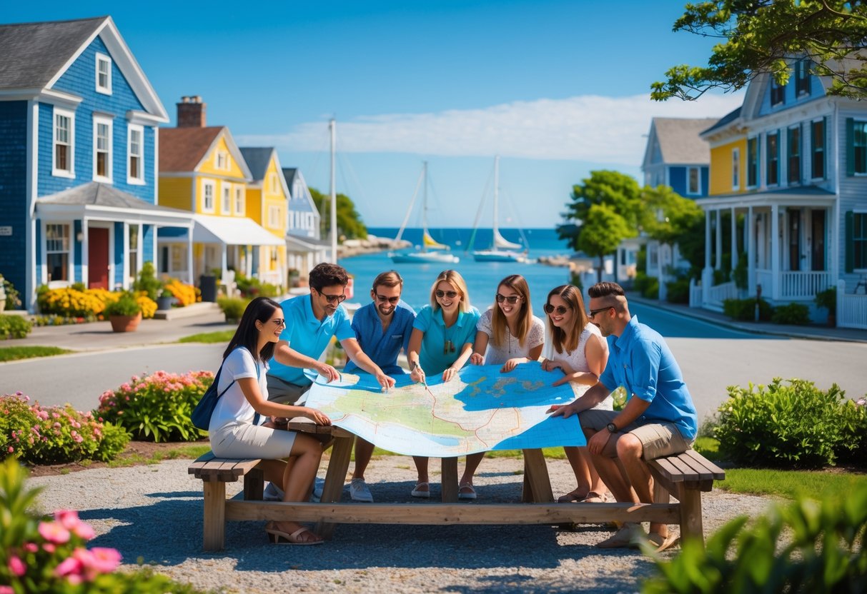 A group of travelers looking at a map at a picnic table near a charming coastal town with historic buildings and the ocean in the background.