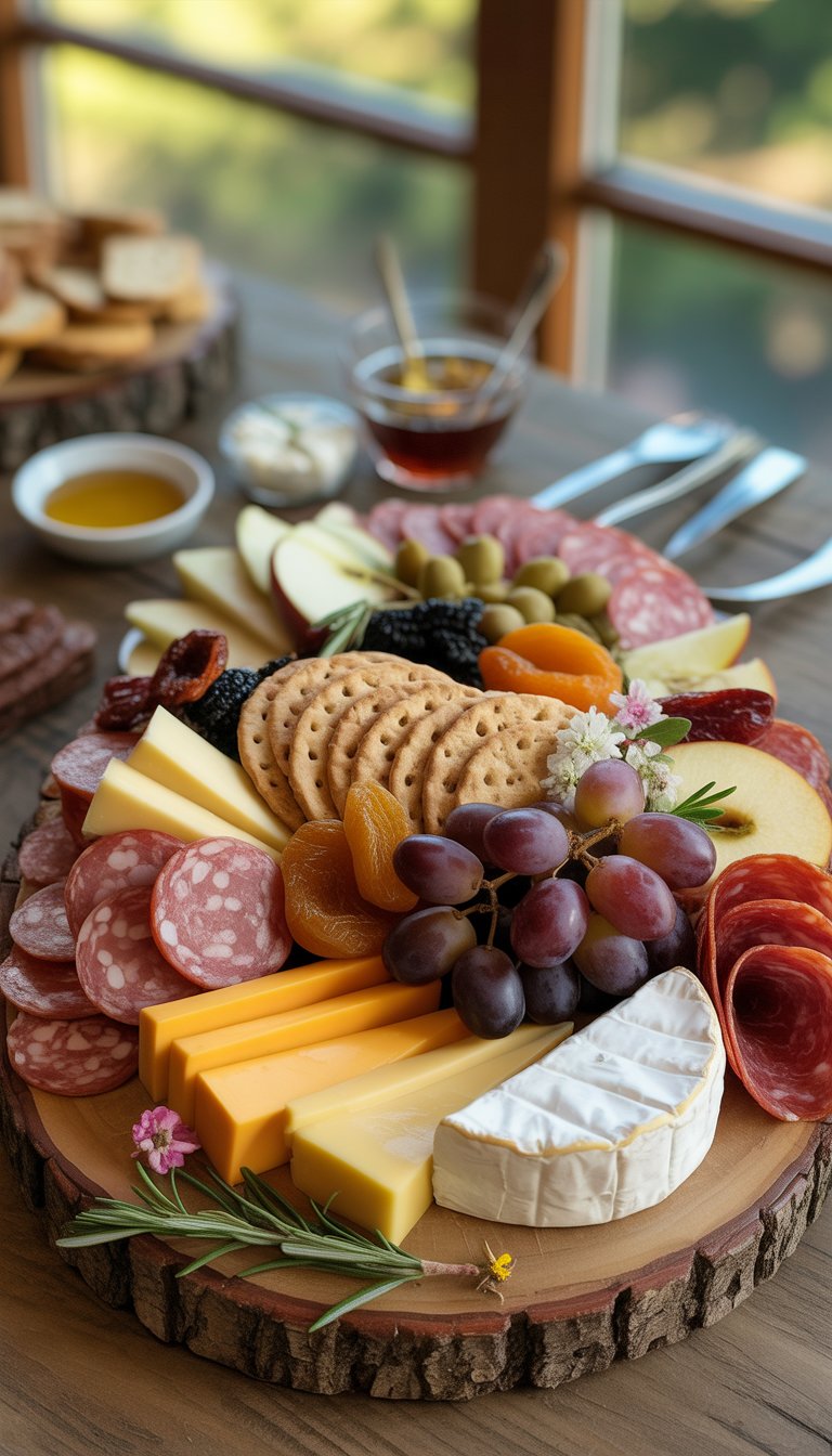 A wooden platter with assorted cheeses, cured meats, grapes, sliced apples, nuts, olives, and crackers arranged attractively on a table.