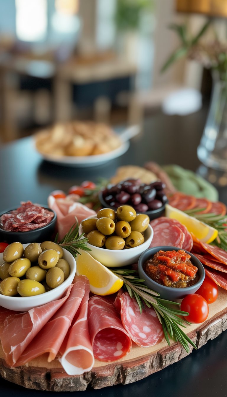 A wooden board with a platter of assorted olives, cured meats, and garnishes arranged for a party.