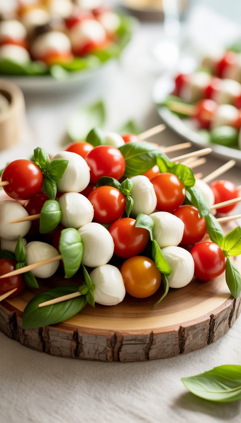 A platter of Caprese skewers with cherry tomatoes, basil leaves, and mozzarella balls arranged on wooden picks.