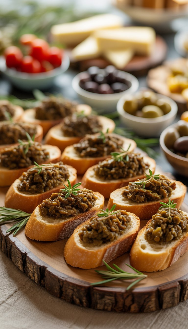 A wooden board with toasted bread slices topped with olive tapenade, surrounded by bowls of olives and cheese.