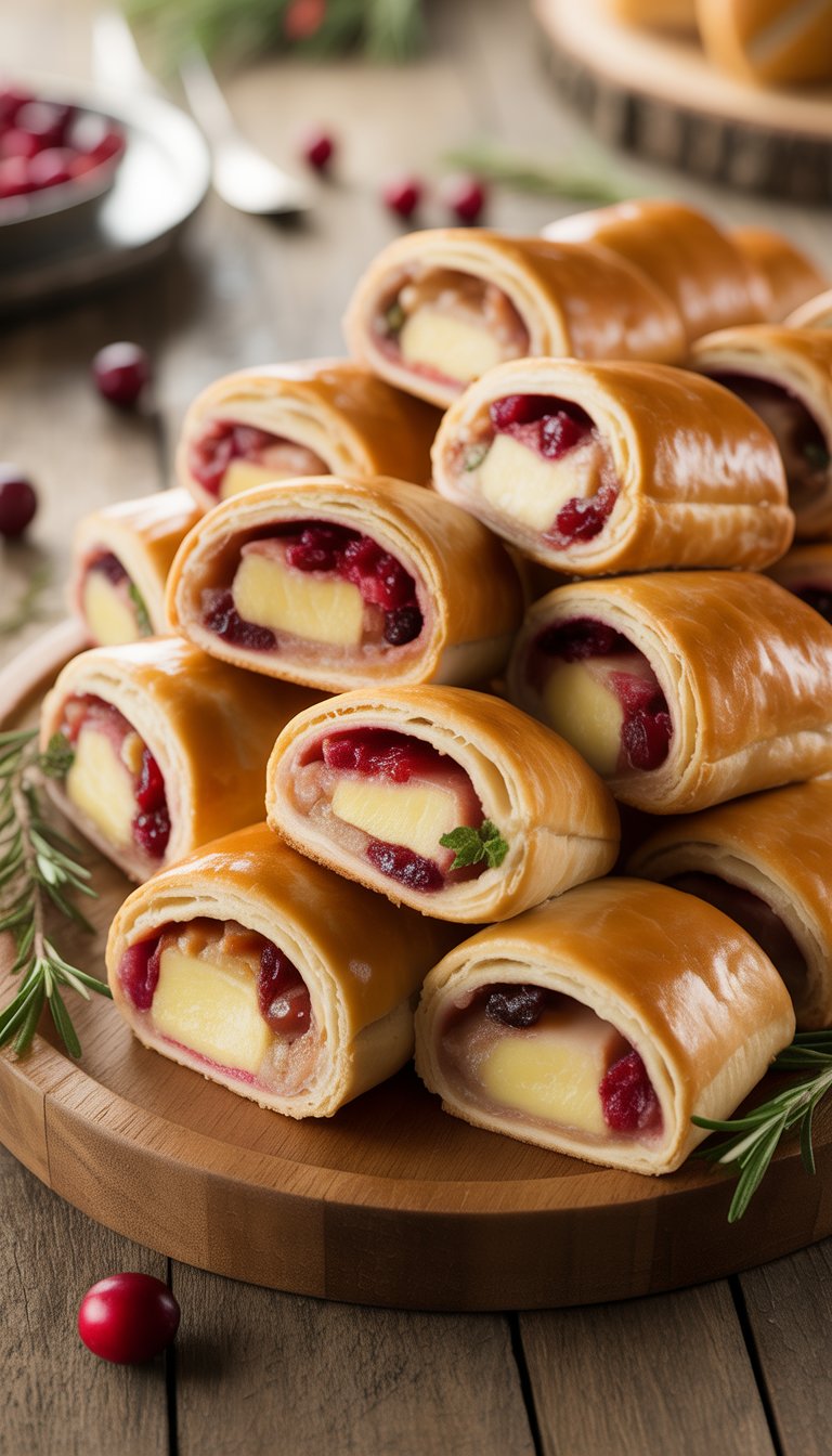 A wooden platter filled with golden brown turkey, cranberry, and brie sausage rolls garnished with fresh cranberries and rosemary on a wooden table.